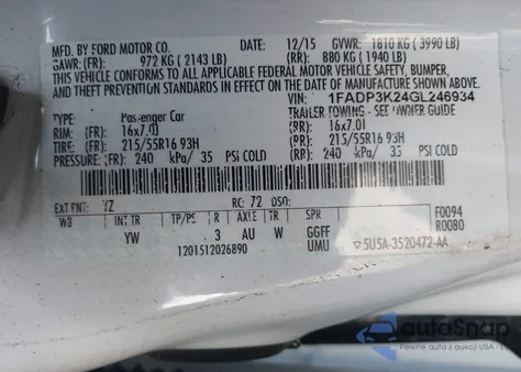 2016 Ford Focus Se from USA, damaged, VIN 1FADP3K24GL246934